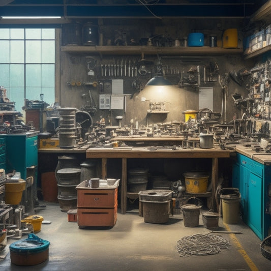 A cluttered, cramped workshop with scattered tools and machinery, contrasted with a tidy, organized space featuring labeled stations, efficient workflow, and ample storage, both set against a neutral background.