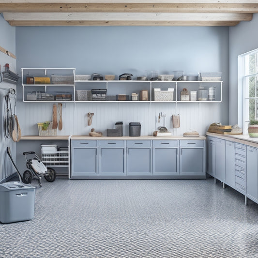 A clutter-free garage with sleek, floor-to-ceiling storage units, baskets, and bins in a soothing gray and white color scheme, with a few well-placed hooks and a neatly organized workbench.