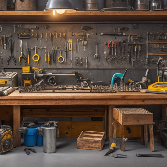 A clutter-free workshop with a custom tool organizer in the center, featuring neatly arranged rows of wrenches, pliers, and screwdrivers on a pegboard, with a machinist's lathe in the background.