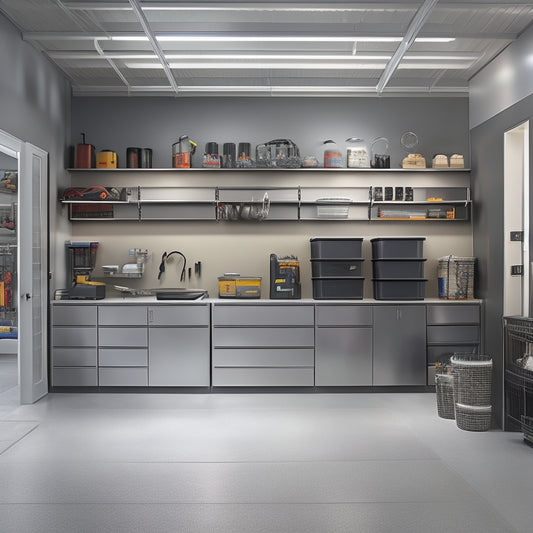 A well-lit garage interior with sleek, gray cabinets, a slatwall with neatly organized tools, and a floor-to-ceiling storage system with labeled bins and baskets, surrounded by a clean, epoxy-coated floor.