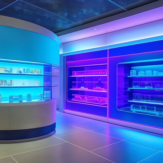 A futuristic retail store interior with sleek, minimalist shelves and tables, featuring futuristic display cases with holographic projections, interactive LED screens, and levitating product showcases.
