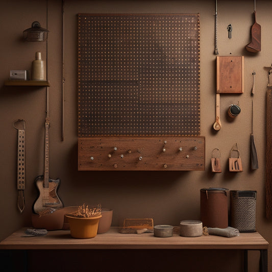 A wooden pegboard with a rich, dark stain, adorned with a variety of metal hooks, bins, and accessories, set against a warm, beige background with subtle shadows and soft lighting.