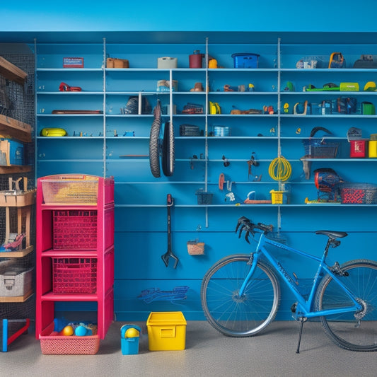 A clutter-free garage with a pegboard holding various tools, a shelving unit storing labeled bins, a bike lifted on a pulley system, and a few toys organized in a colorful storage cube.