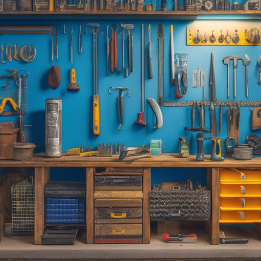 A tidy workshop with a pegboard displaying a neatly arranged assortment of tools, including a hammer, level, pliers, and screwdrivers, all secured to the board with sturdy metal hooks.