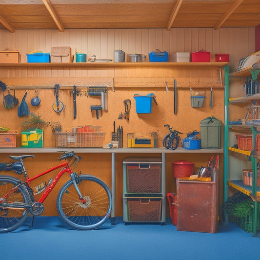 A tidy small garage with a slatted wall organizer holding bins and tools, a compact workbench with a vice, and a pegboard with hooks and a bicycle suspended from the ceiling.