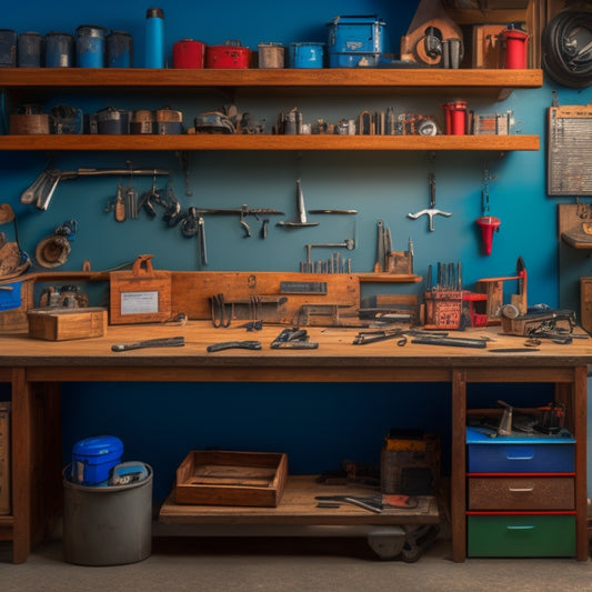 A cluttered workshop bench with various tools and gadgets, featuring a few strategically placed key storage solutions, including a pegboard with labeled key hooks and a magnetic key strip on a metal cabinet.