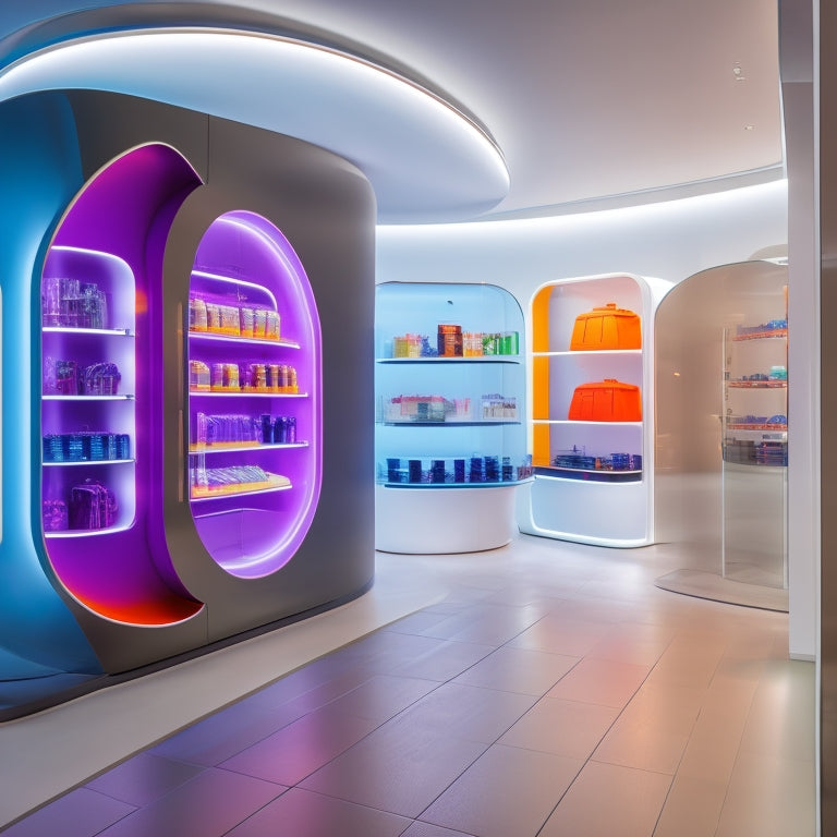 A futuristic retail store interior with sleek, curved displays made of translucent plastic, showcasing vibrant product arrangements and dynamic LED lights that shift colors, surrounded by minimalist shelves and polished flooring.