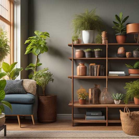 A modern living room with a reclaimed wooden shelving rack against a light gray wall, holding three potted plants, two vintage vases, and a few leather-bound books.