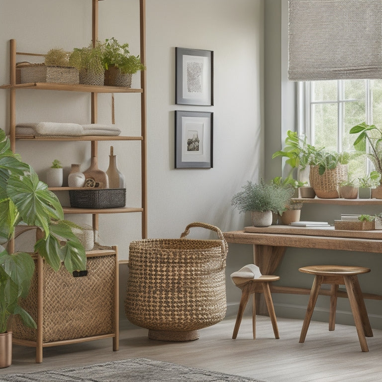 A serene, well-lit room with a minimalist desk, a wooden shelf with labeled baskets, a woven storage bin, and a geometric-patterned rug, surrounded by lush green plants and a few framed artwork.