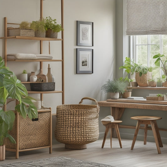 A serene, well-lit room with a minimalist desk, a wooden shelf with labeled baskets, a woven storage bin, and a geometric-patterned rug, surrounded by lush green plants and a few framed artwork.