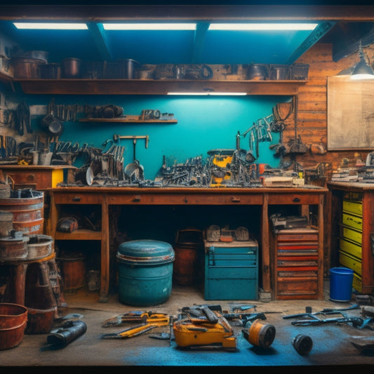 A cluttered garage workshop with various tools scattered around, with a few tool chests with wheels in the center, one open with tools organized inside, and a mechanic's socket set on top.