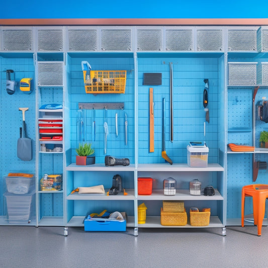A clutter-free garage with a pegboard adorned with hanging tools, a rolling tool cabinet with labeled drawers, and a wall-mounted shelf with stacked plastic bins, all set against a clean, gray concrete floor.