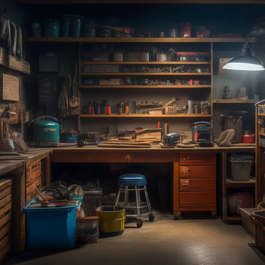 A dimly lit garage with cluttered shelves, scattered tools, and a messy workbench, contrasted with a small, clear corner featuring a single, neatly organized toolbox and a few well-placed storage bins.