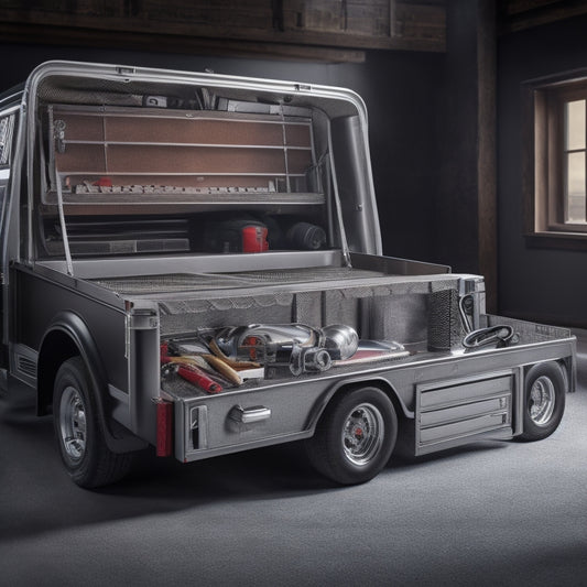 A silver truck with an open tailgate, revealing a custom tool box with three drawers, each with a distinct handle and slight gap, filled with organized wrenches, pliers, and other tools.
