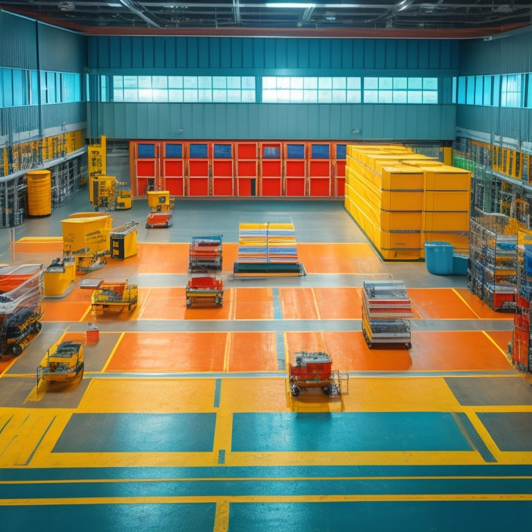 A modern, well-lit industrial facility with multiple lockout stations featuring bright yellow and orange accents, surrounded by organized toolboxes and safety signs, with a faint grid pattern on the floor.