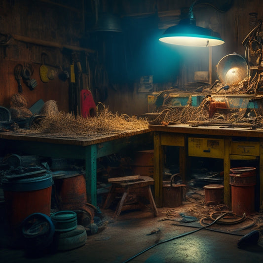 A cluttered workshop with scattered tools, tangled wires, and broken machinery, with a single, gleaming wrench standing upright in the center, surrounded by a faint, glowing aura.