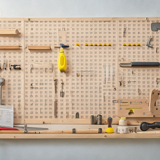 A wooden pegboard with various DIY tools and accessories, like hammers, screwdrivers, and wrenches, organized on pegs, set against a clean white background with a portable storage case open beside it.