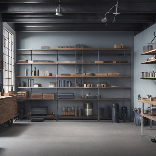 A minimalist, modern workshop or storage room with 10 different metal shelving units, each with unique design elements, such as industrial-style pipes, sleek chrome accents, and reclaimed wood details.
