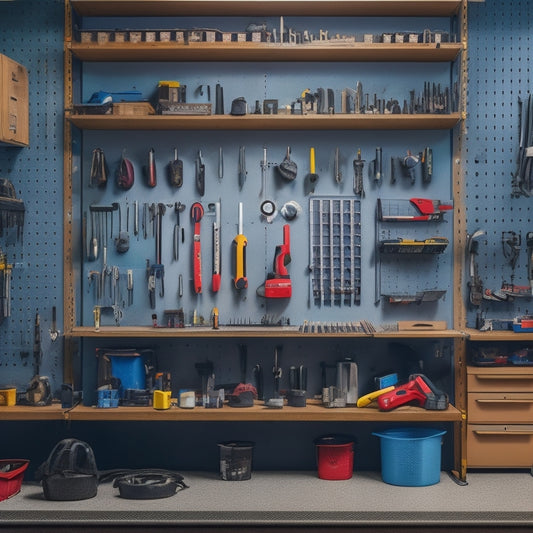 A clutter-free garage workshop with a large pegboard on the wall, adorned with an assortment of tool organizers, bins, and accessories, showcasing various pegboard hooks in different shapes and sizes.