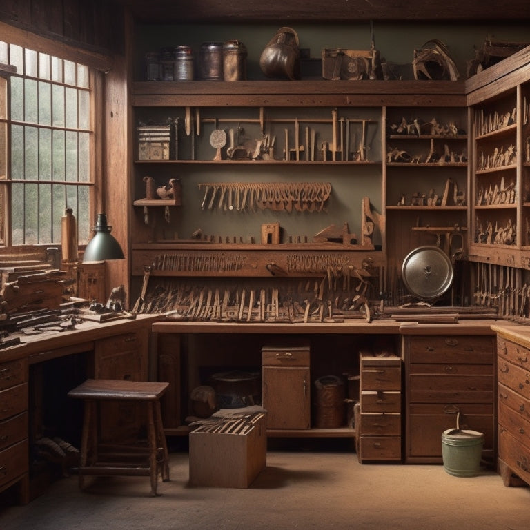 A well-organized woodworking shop with multiple wooden cabinets of varying sizes, drawers, and shelves, filled with an assortment of woodworking tools and machinery, with a workbench in the background.