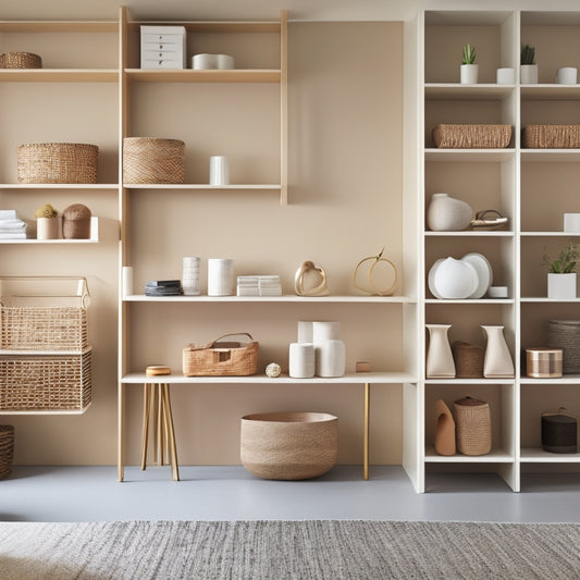 A modern, minimalist room with floor-to-ceiling shelves in neutral tones, featuring a mix of open and closed storage units, baskets, and decorative objects, showcasing efficient use of vertical space.