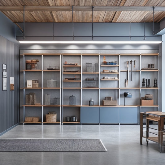 A sleek, well-lit garage with polished concrete floors, featuring a mix of wall-mounted and freestanding shelving units in a combination of metallic and wood tones, with neatly organized tools and accessories.