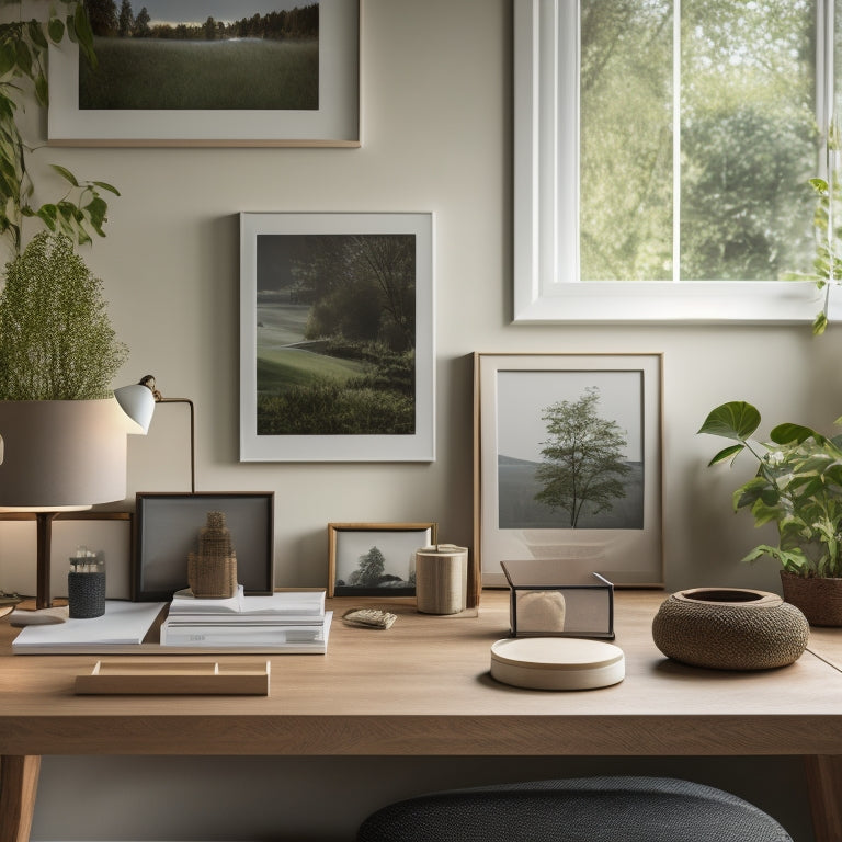 A serene, minimalist workspace with a wooden desk, a few framed art pieces, and a few neatly labeled storage bins, surrounded by lush greenery and soft, warm lighting.