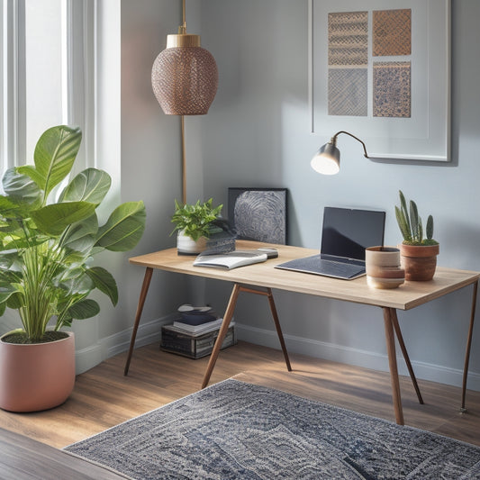 A tidy, modern workspace with a sleek wooden desk, a laptop, and a minimalist lamp, surrounded by neatly labeled folders, a small potted plant, and a geometric-patterned rug in calming colors.