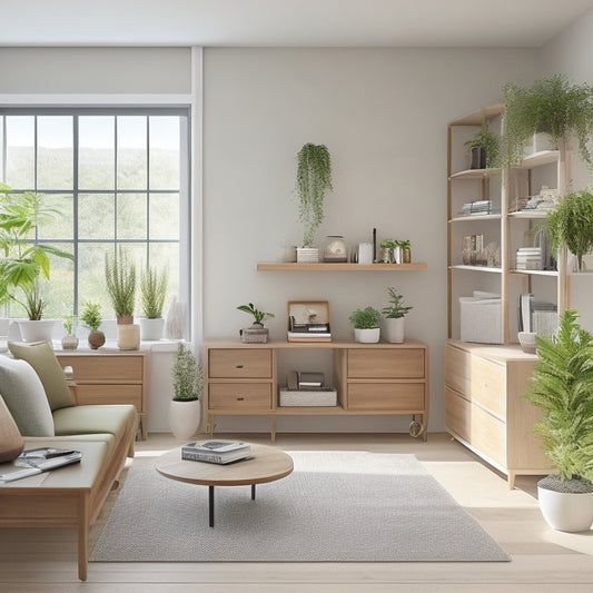 A serene, clutter-free living room with a sleek, minimalist desk, a few, carefully-placed, potted plants, and a floor-to-ceiling, custom-built, wooden shelving unit with neatly-stacked, labeled storage bins.