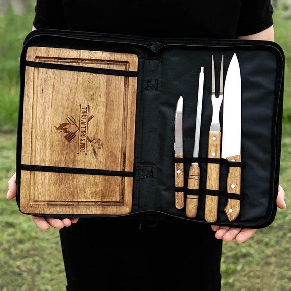 Personalized Grill Set, Laser Engraved BBQ Tools With Carrying Case, Custom Grilling Gift, Large Grill Master Cutting Board, Meat Smoker Kit by PromiDesign
