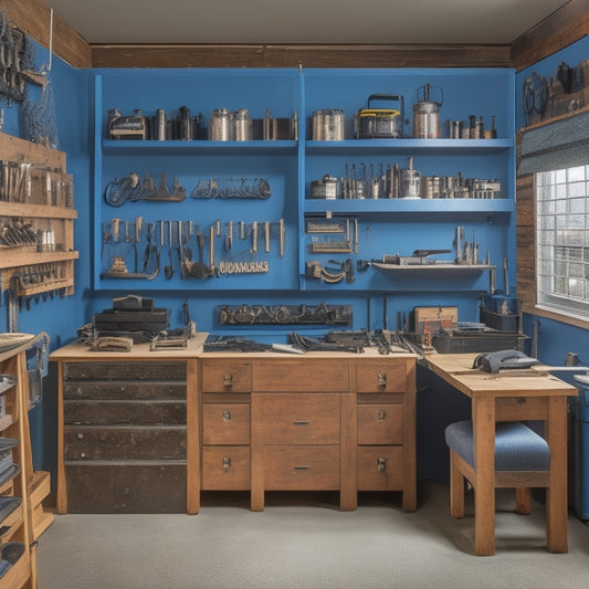 A clutter-free workshop with a central, large, metal storage cabinet featuring labeled drawers, hooks, and shelves, surrounded by neatly arranged power tools, with a drill press and workbench in the background.