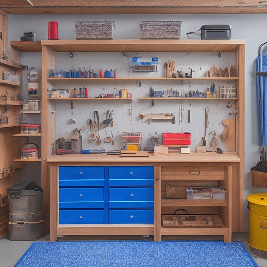 A clutter-free workshop with a pegboard featuring neatly organized tools, a rolling cabinet with labeled drawers, and a workbench with a built-in vice and a few strategically placed bins.