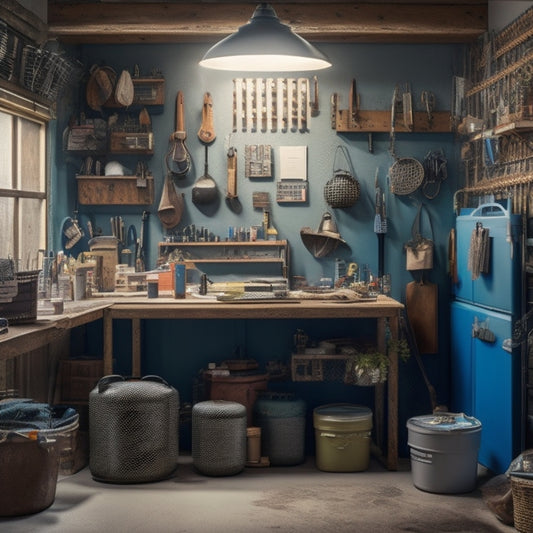 A messy workshop or garage corner transforms into an organized oasis, with a large pegboard as the focal point, adorned with neatly hung tools, baskets, and accessories in a harmonious, rustic-industrial setting.