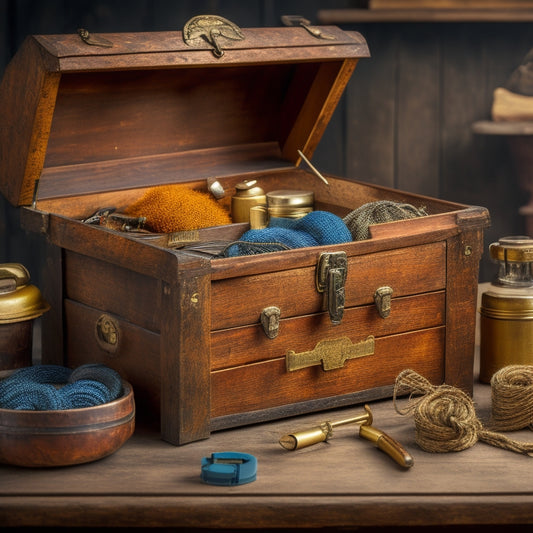 A rustic wooden tool box with a worn, golden finish, adorned with ornate metal hinges and a latch, sits open, revealing a neatly organized array of gleaming metal tools and rolls of twine.