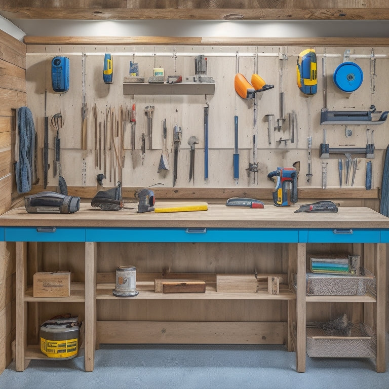 A clutter-free woodworking workshop with a well-organized pegboard, a sharpener mounted on the wall, a cordless drill on a nearby bench, and a tablet with a digital plan open on a nearby stand.