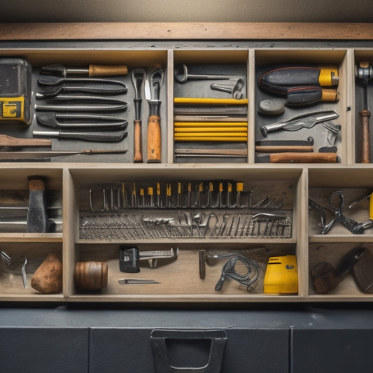 A neatly organized tool drawer with dividers, trays, and inserts, featuring a selection of common tools like hammers, screwdrivers, and pliers, arranged in a visually appealing and efficient manner.