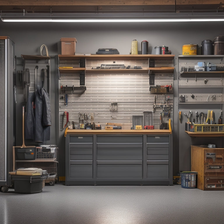 A tidy, well-lit garage workspace with a large, stainless steel tool box cabinet against a wall, surrounded by organized tools and equipment on pegboards and hooks, amidst a subtle background of industrial concrete flooring.