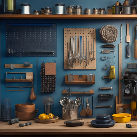 A pegboard with various hooks, bins, and accessories in a workshop setting, featuring a mix of metallic and wooden components, with ample storage for tools, gadgets, and supplies.