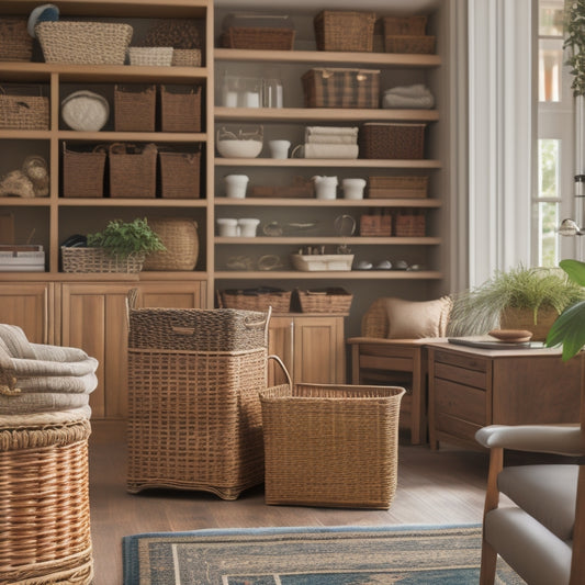 An organized senior's living room with a few, carefully placed storage units: a wooden cabinet with ornate handles, a wicker basket, and a compact shelving unit with labeled bins.