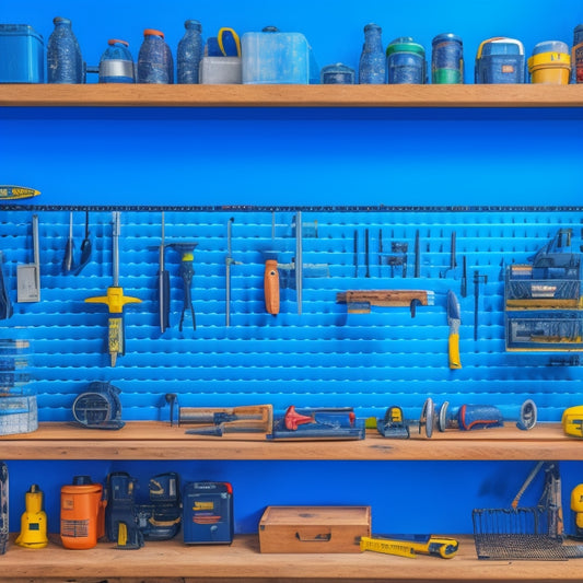 A tidy workshop with various power tools neatly organized on a pegboard, held by customized holders in different shapes and sizes, with a few tools hanging from hooks and a small shelf for batteries.