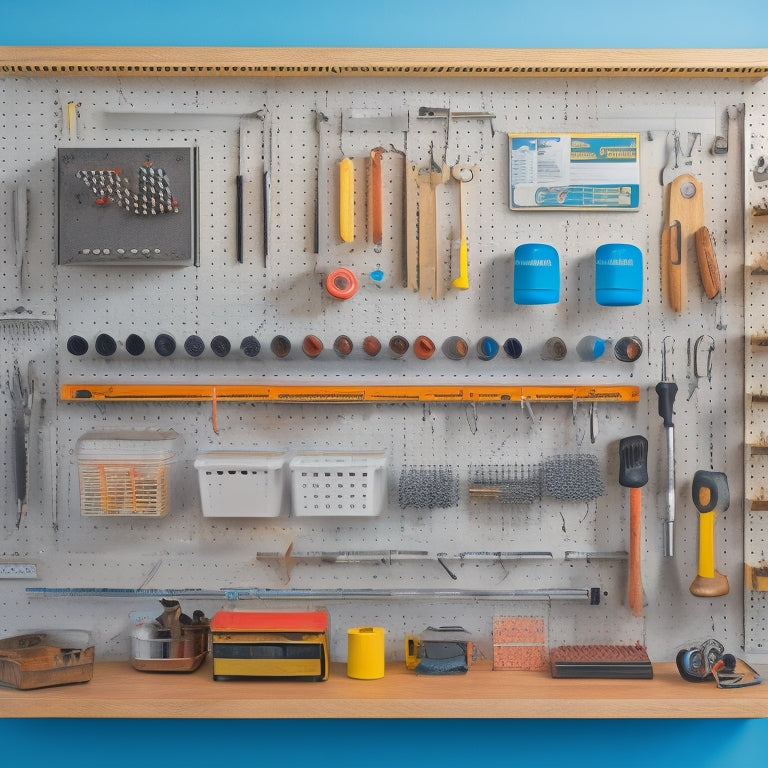 A tidy workshop with a freshly installed pegboard, adorned with neatly organized tools and accessories, against a clean white background, with warm, soft lighting and subtle shadows.