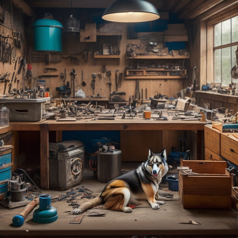 A cluttered workshop with a HUSKY workbench in the center, surrounded by scattered tools, wood shavings, and half-built projects, with a measuring tape and wrench lying on the work surface.