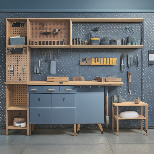 A tidy workshop with a wall-mounted pegboard holding various flooring tools, a rolling cabinet with labeled drawers, and a mobile storage bin with a built-in handle, set against a clean, gray background.