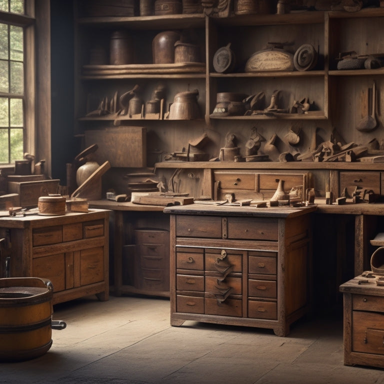 A tidy workshop scene featuring three wooden tool boxes with drawers in different sizes, each with intricately carved handles, surrounded by neatly arranged hand tools and a few woodworking projects in progress.