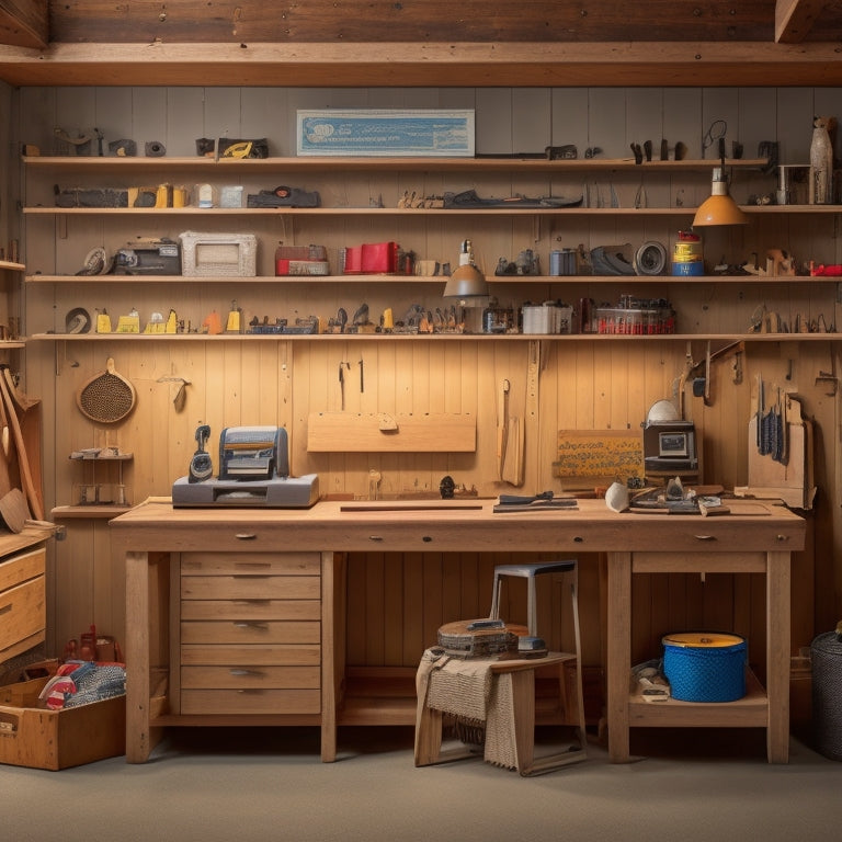 A clutter-free woodworking shop with a pegboard covered in hanging tools, a rolling cabinet with labeled drawers, and a wall-mounted fold-down workstation with a vice.