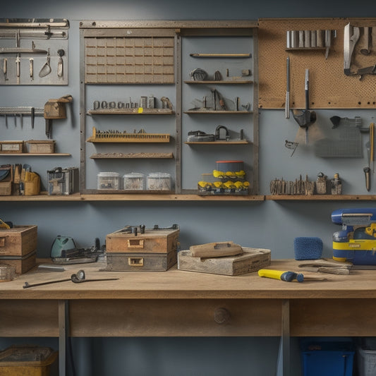 A well-organized workshop with a pegboard displaying a variety of tools, a toolbox in the corner with a open lid, and a workbench with a vice, safety goggles, and a calibration chart.