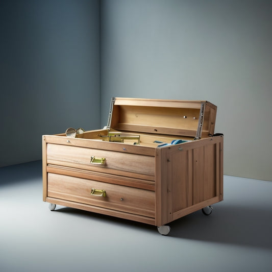 A clutter-free, wooden DIY tool chest with 5-7 drawers of varying sizes, adorned with metal handles and a hinged top, set against a clean, light-gray background with subtle shadows.