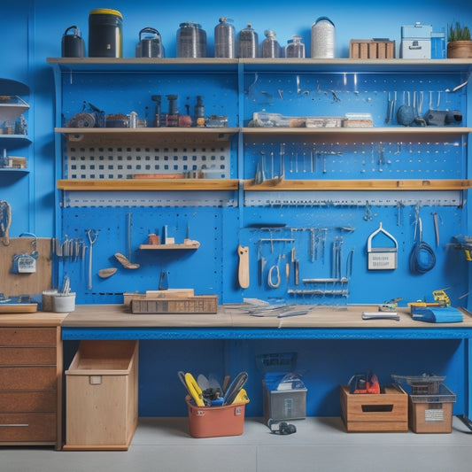 A well-organized workshop with a pegboard wall, tools hung from hooks, a rolling cabinet with labeled drawers, and a workbench with built-in storage compartments and a vice.