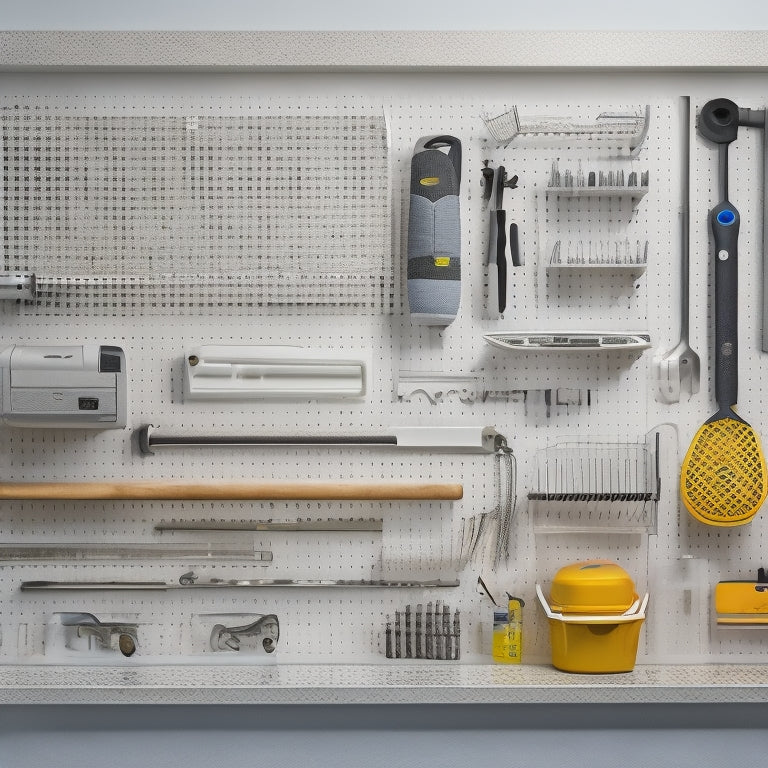 A horizontal composition featuring a sleek, modern pegboard with various cordless tools and accessories neatly organized and hung from hooks, against a clean, white background.