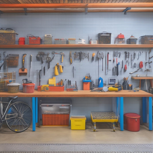 A well-organized workshop with a large pegboard on the wall, holding various tools and accessories, such as wrenches, pliers, and bins, with a workbench and toolbox below, surrounded by a clean and clutter-free floor.